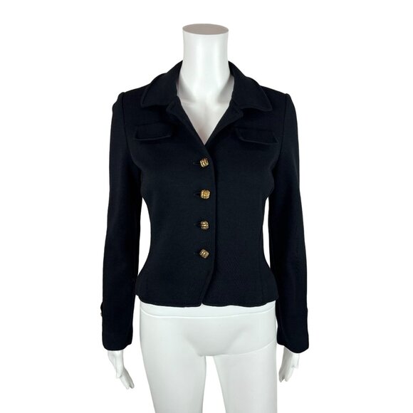 Vintage 70s Wool Jacket Women's Small Solid Black Gold Buttons Tailored Cardigan - Picture 2 of 10